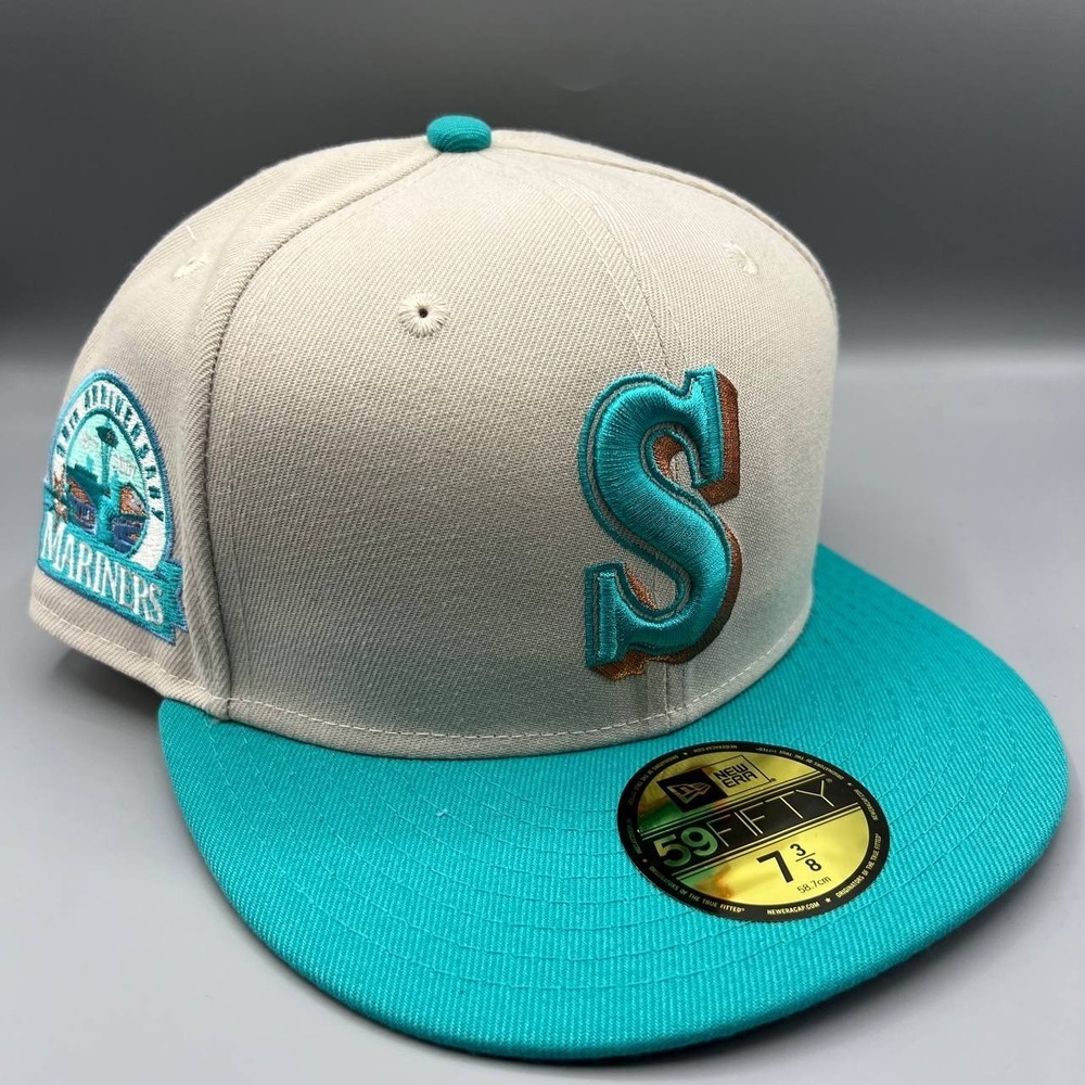 Seattle Mariners Hat Men 7 3/8 Cream‎ Blue 59Fifty New Era Fitted Cap